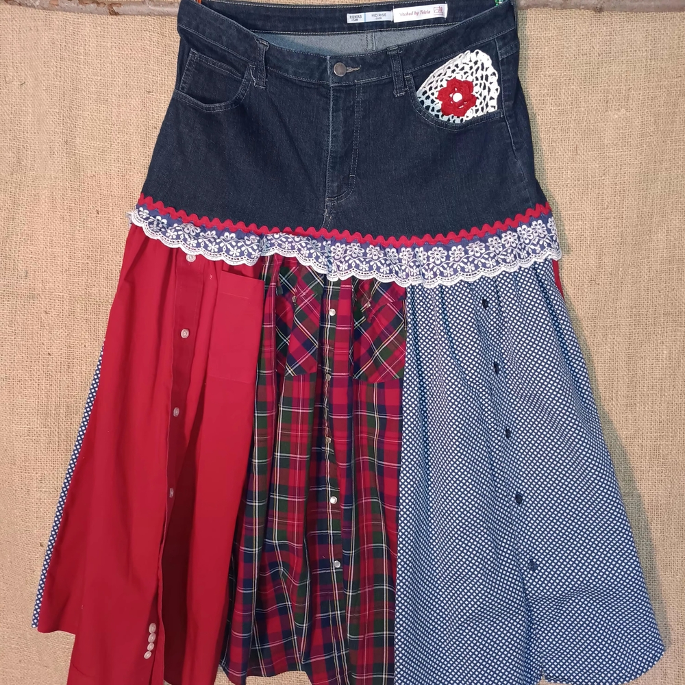 Upcycled Denim and Multicolor Patchwork Midi Skirt